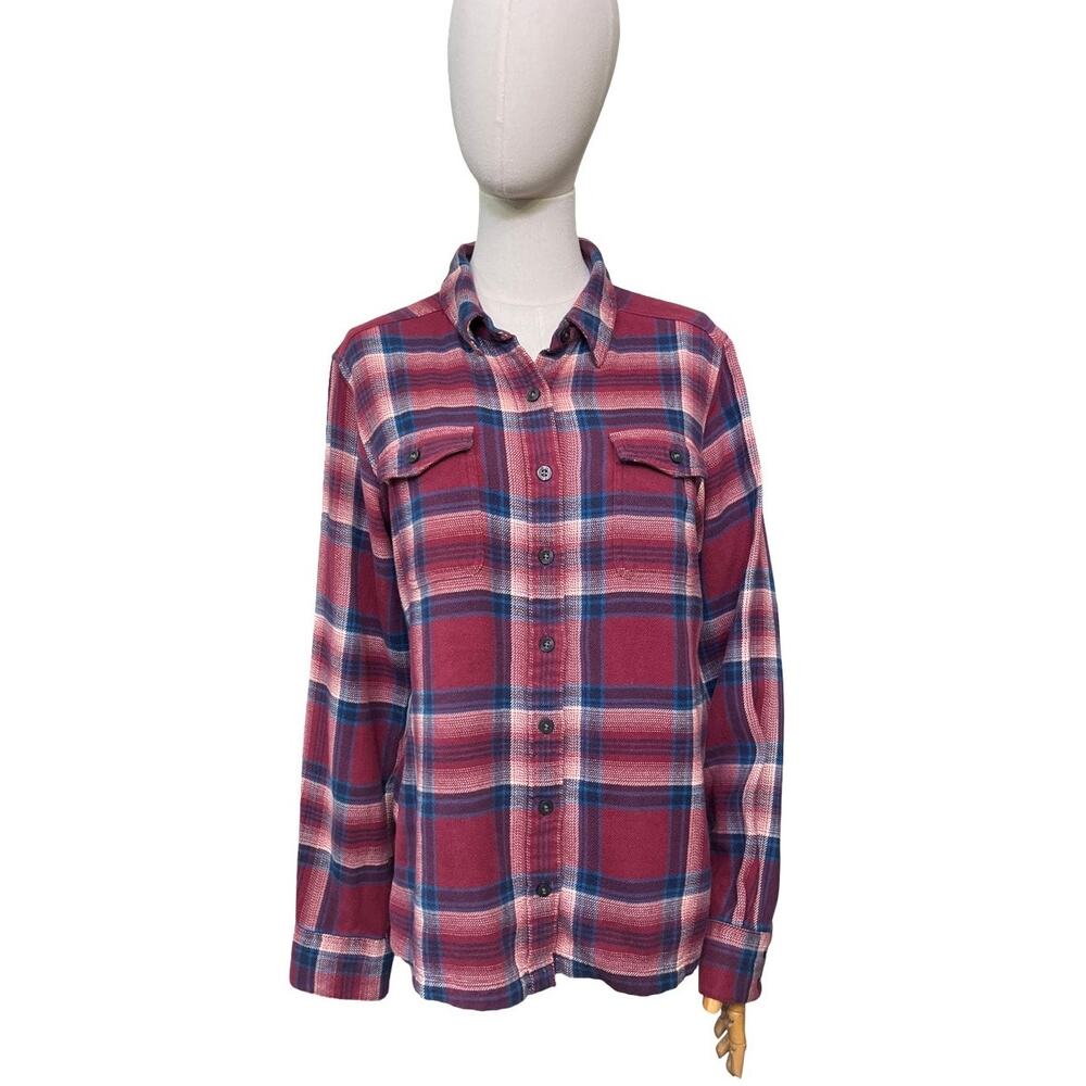 Patagonia Organic Cotton Plaid Flannel Shirt Women Size 10 Red Blue Sustainable